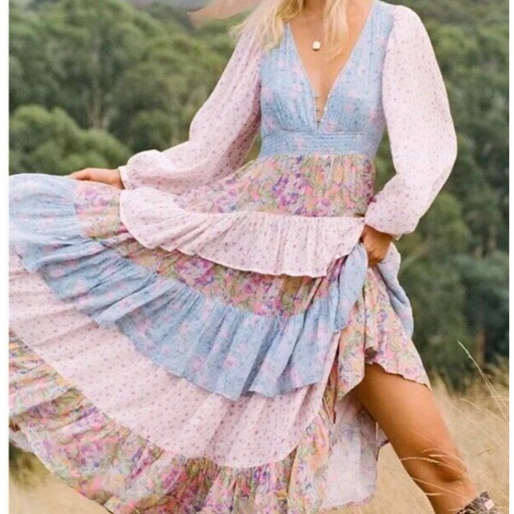 Spell Floral Patchwork Maxi Dress in Pastel Blue and Pink